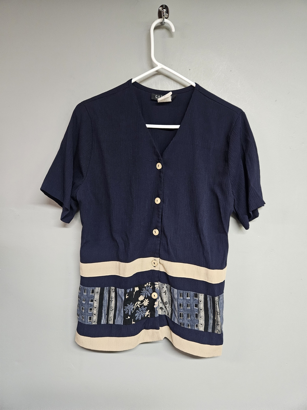 Women's Small Navy Blue Vintage Blouse Short Sleeve Button-down